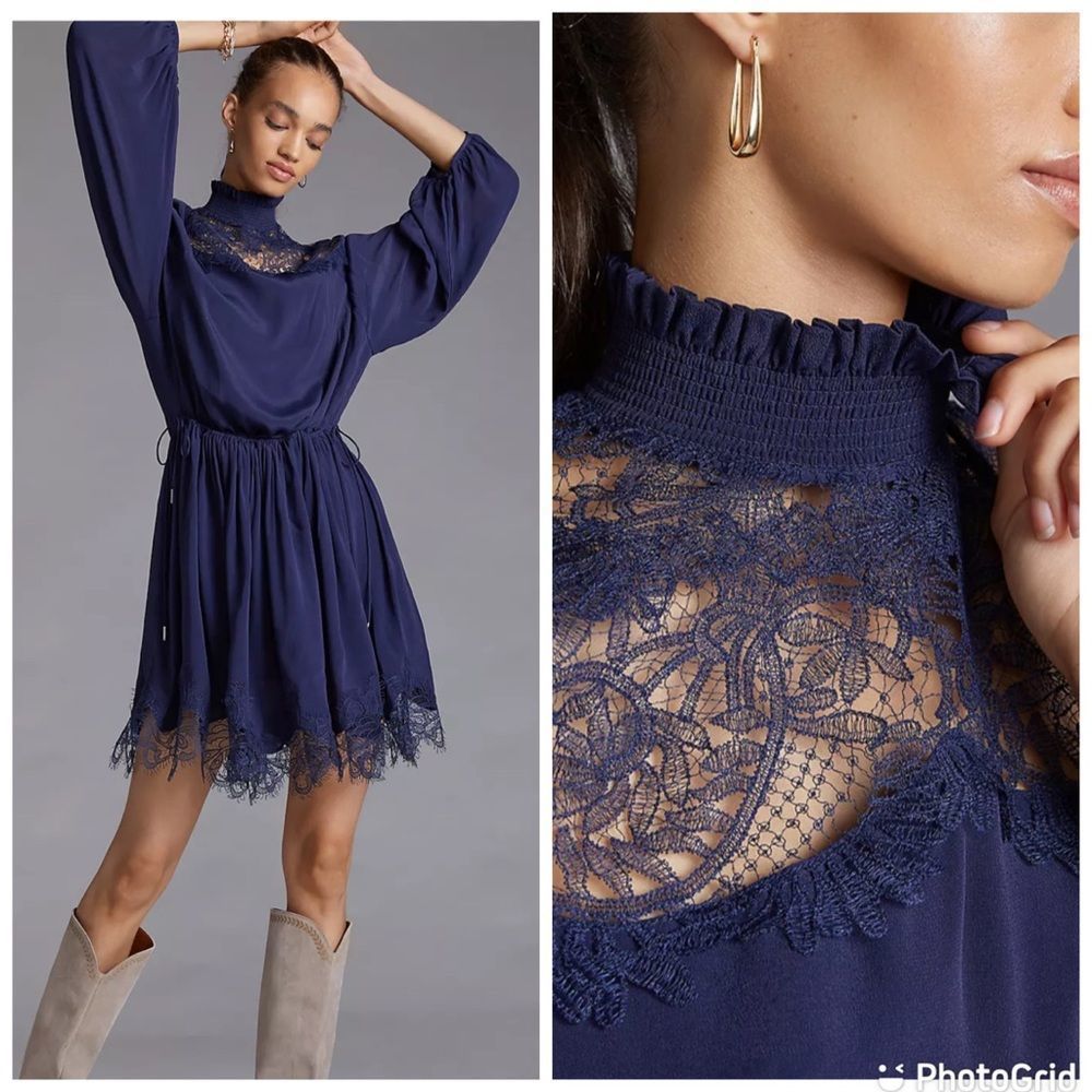 NWT Anthropologie - Magali Pascal Lace Clemence Silky Mini Dress Navy - M